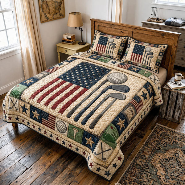 Golf Retreat quilted 3-piece bedding set on a made bed with two matching pillow shams