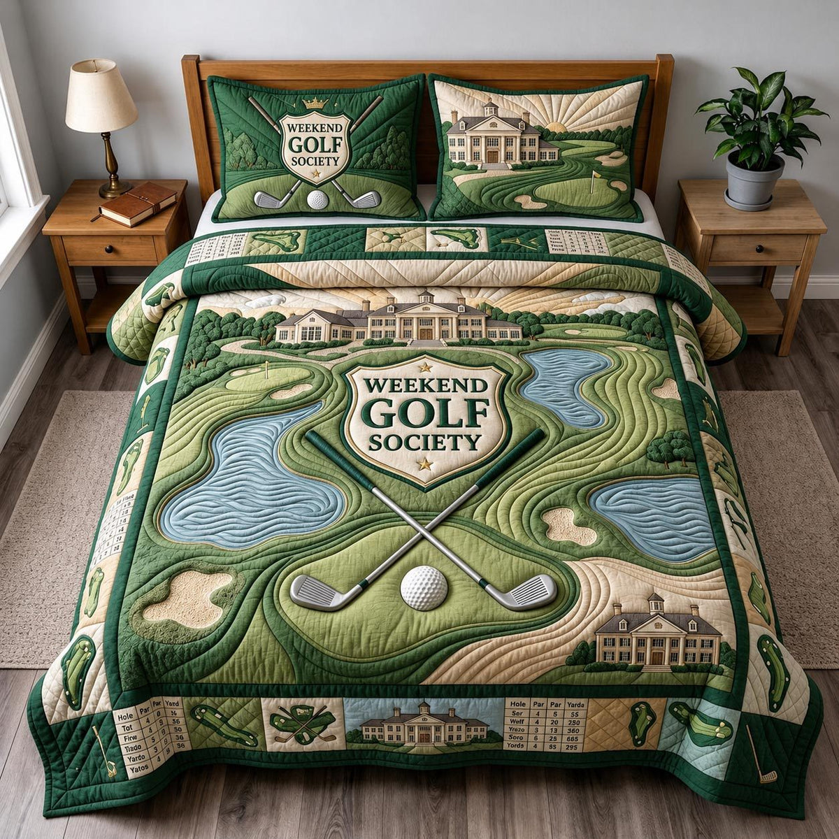 Golf Retreat quilted 3-piece bedding set on a made bed with two matching pillow shams