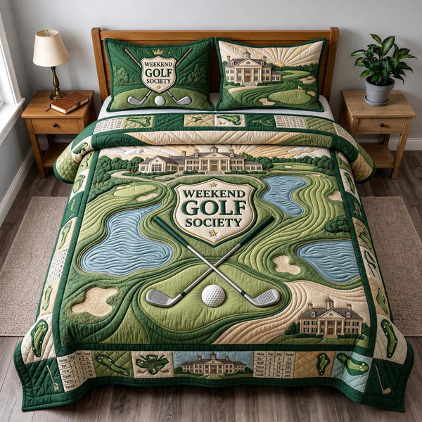 Golf Retreat quilted 3-piece bedding set on a made bed with two matching pillow shams