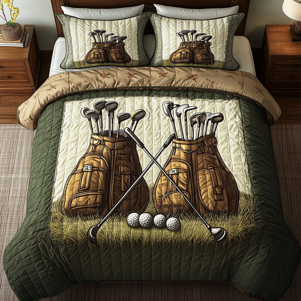 Golfer Dreams quilted 3-piece bedding set on a made bed with two matching pillow shams