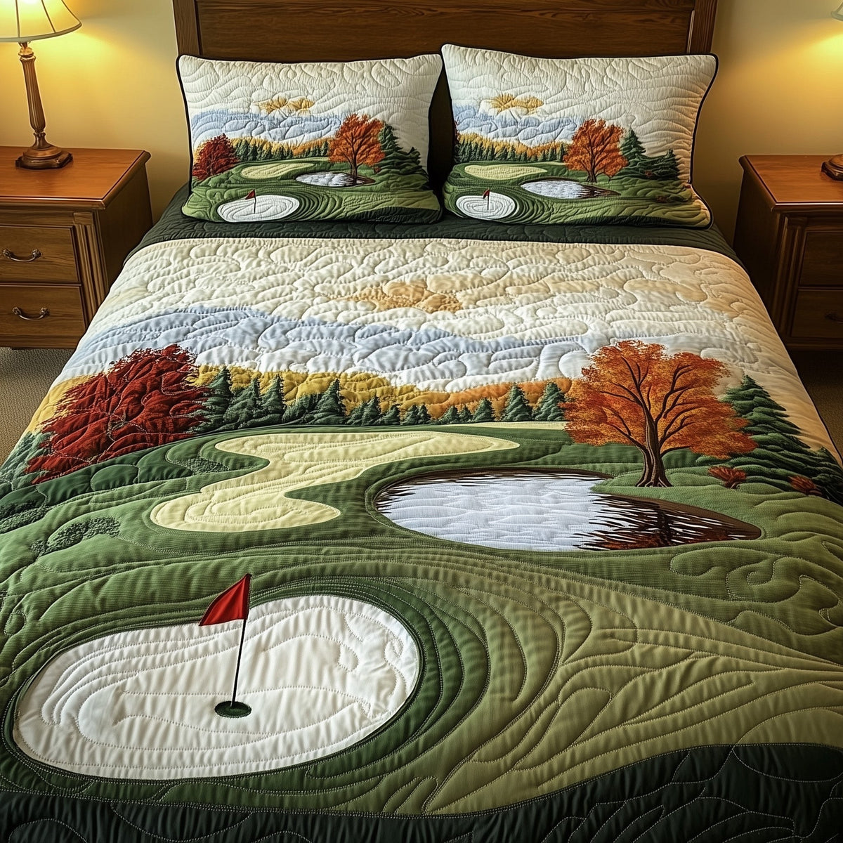 Golfer Dreams quilted 3-piece bedding set on a made bed with two matching pillow shams