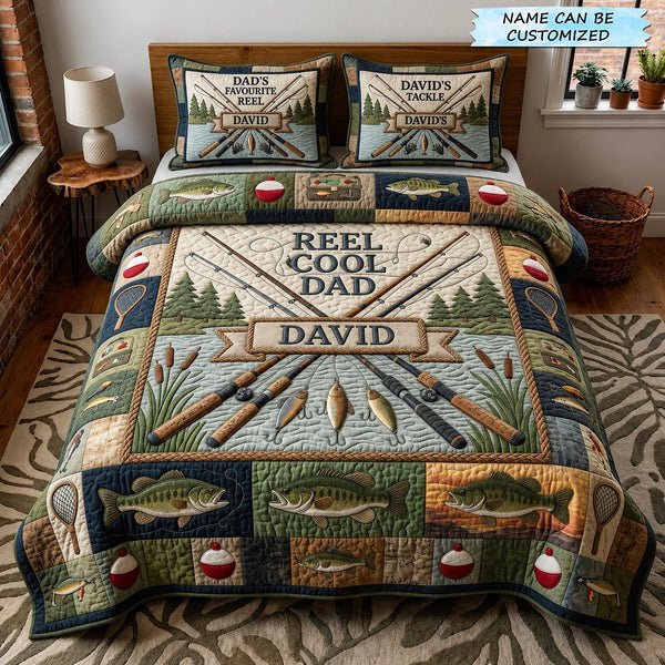 Gone Fishing 3-Piece Quilted Bedding Set QTCUZ quilted 3-piece bedding set on a made bed with two matching pillow shams