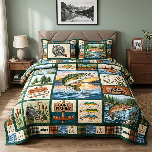Gone Fishing quilted 3-piece bedding set on a made bed with two matching pillow shams
