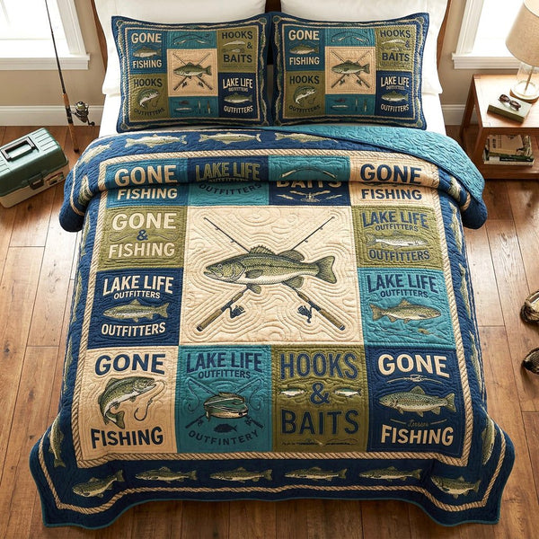 Gone Fishing quilted 3-piece bedding set on a made bed with two matching pillow shams