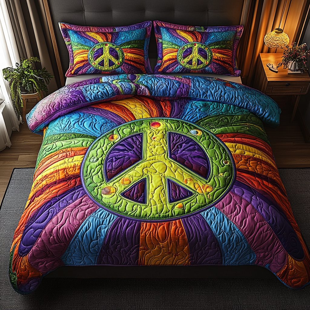 Good Vibes Only quilted 3-piece bedding set on a made bed with two matching pillow shams