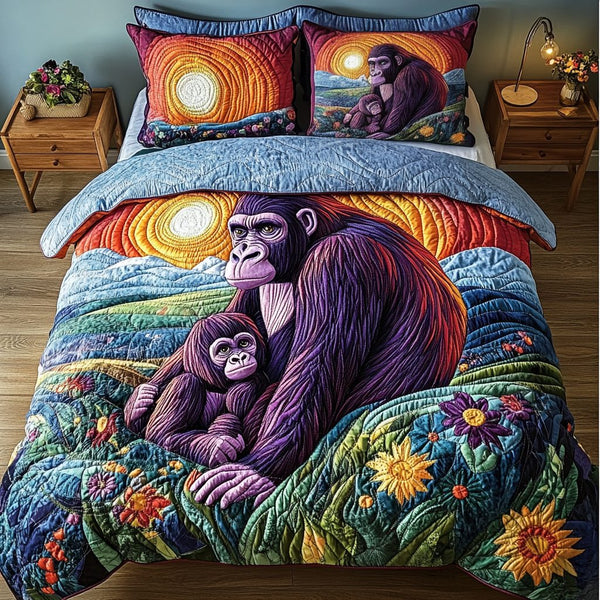Gorilla Haven quilted 3-piece bedding set on a made bed with two matching pillow shams