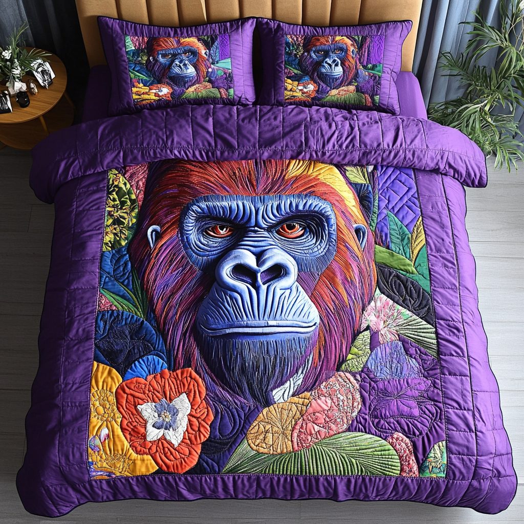 Gorilla Majesty quilted 3-piece bedding set on a made bed with two matching pillow shams