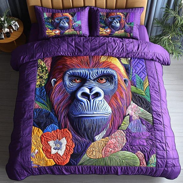 Gorilla Majesty quilted 3-piece bedding set on a made bed with two matching pillow shams