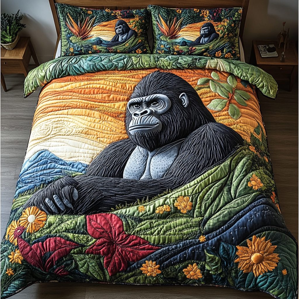 Gorilla Shadows quilted 3-piece bedding set on a made bed with two matching pillow shams