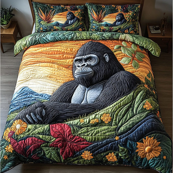 Gorilla Shadows quilted 3-piece bedding set on a made bed with two matching pillow shams