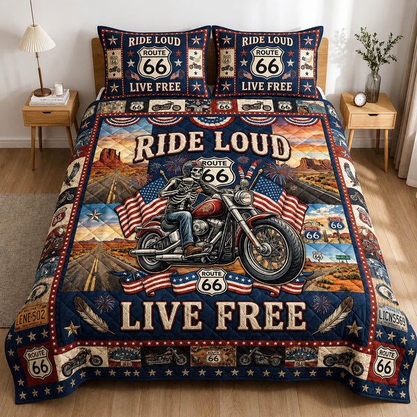 Gothic Biker Route 66 quilted 3-piece bedding set on a made bed against a dark styled interior