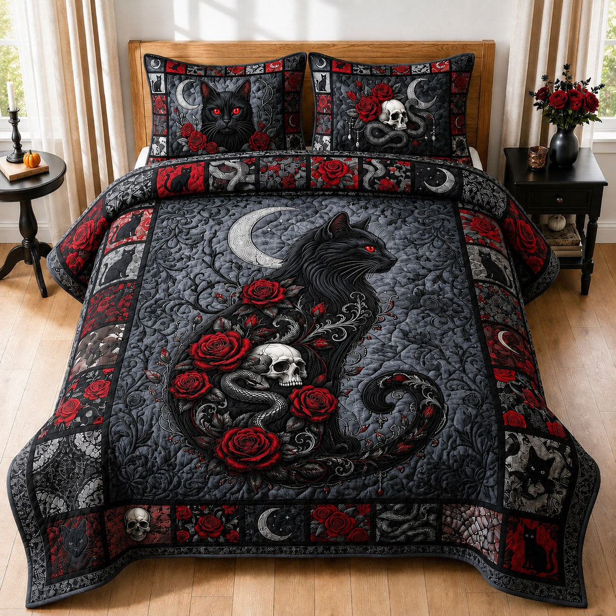 Gothic Black Cat quilted 3-piece bedding set on a made bed against a dark styled interior