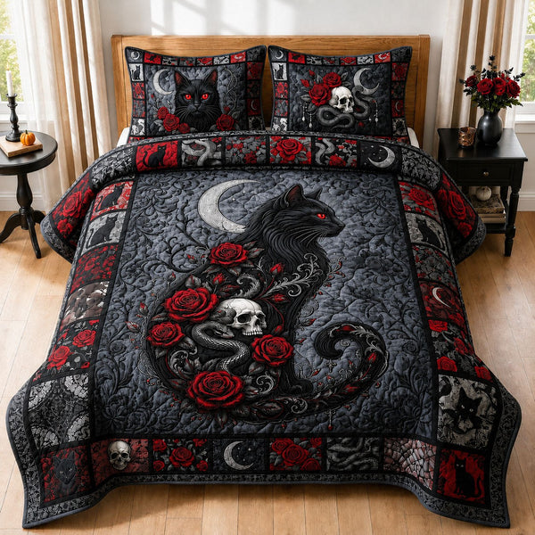 Gothic Black Cat quilted 3-piece bedding set on a made bed against a dark styled interior