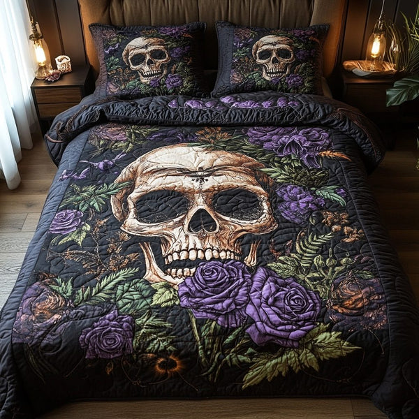 Gothic Bloom quilted 3-piece bedding set on a made bed against a dark styled interior