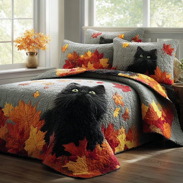 Gothic Cat Harvest quilted 3-piece bedding set on a made bed against a dark styled interior