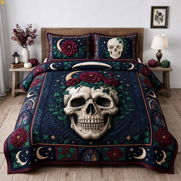 Gothic Floral Skull quilted 3-piece bedding set on a made bed against a dark styled interior