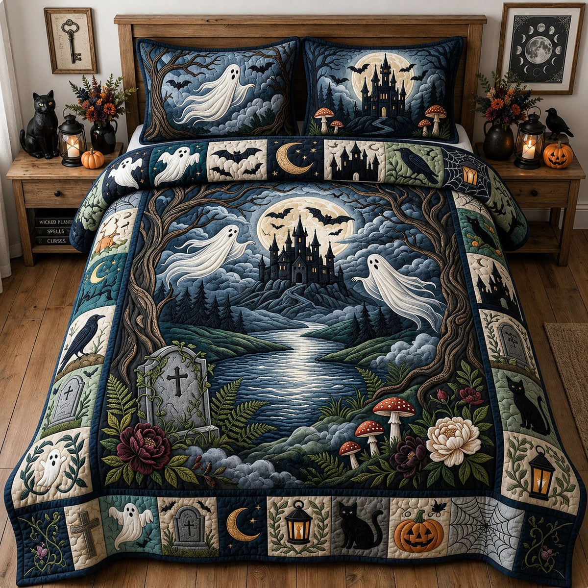 Gothic Ghost Halloween quilted 3-piece bedding set on a made bed against a dark styled interior