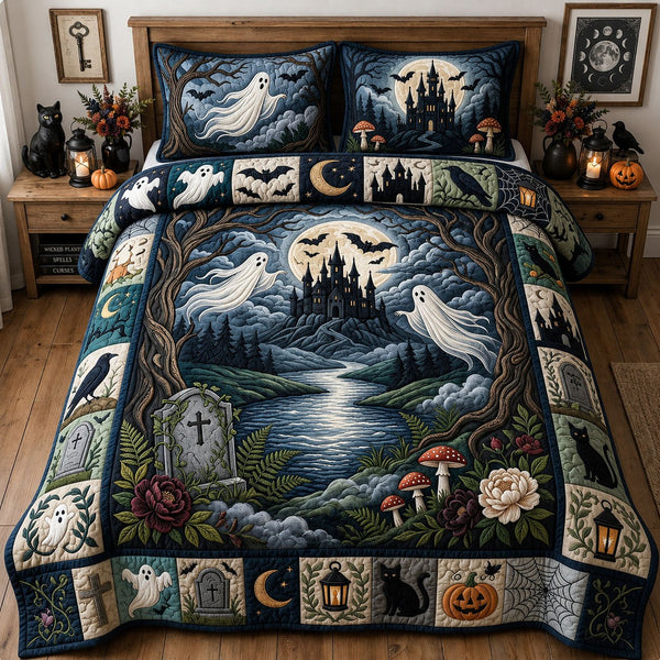 Gothic Ghost Halloween quilted 3-piece bedding set on a made bed against a dark styled interior