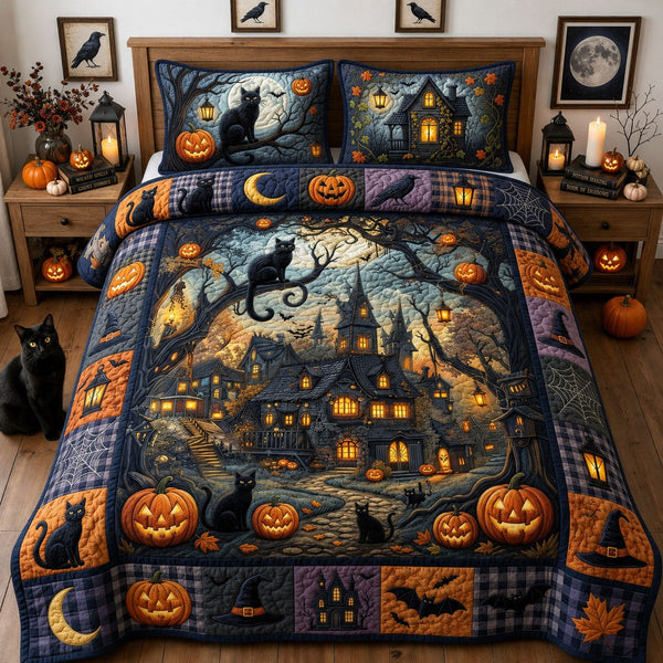 Gothic Halloween quilted 3-piece bedding set on a made bed against a dark styled interior