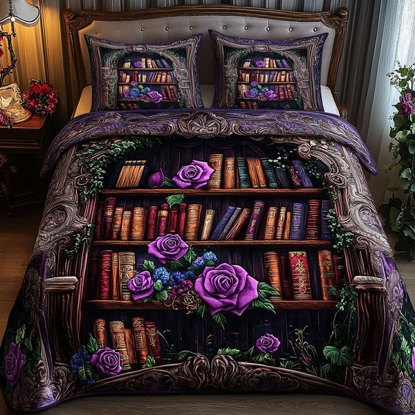 Gothic Library quilted 3-piece bedding set on a made bed against a dark styled interior