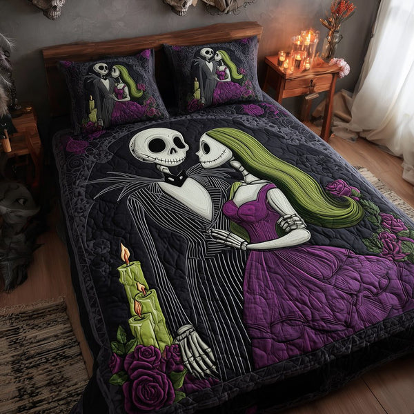 Gothic Love quilted 3-piece bedding set on a made bed against a dark styled interior