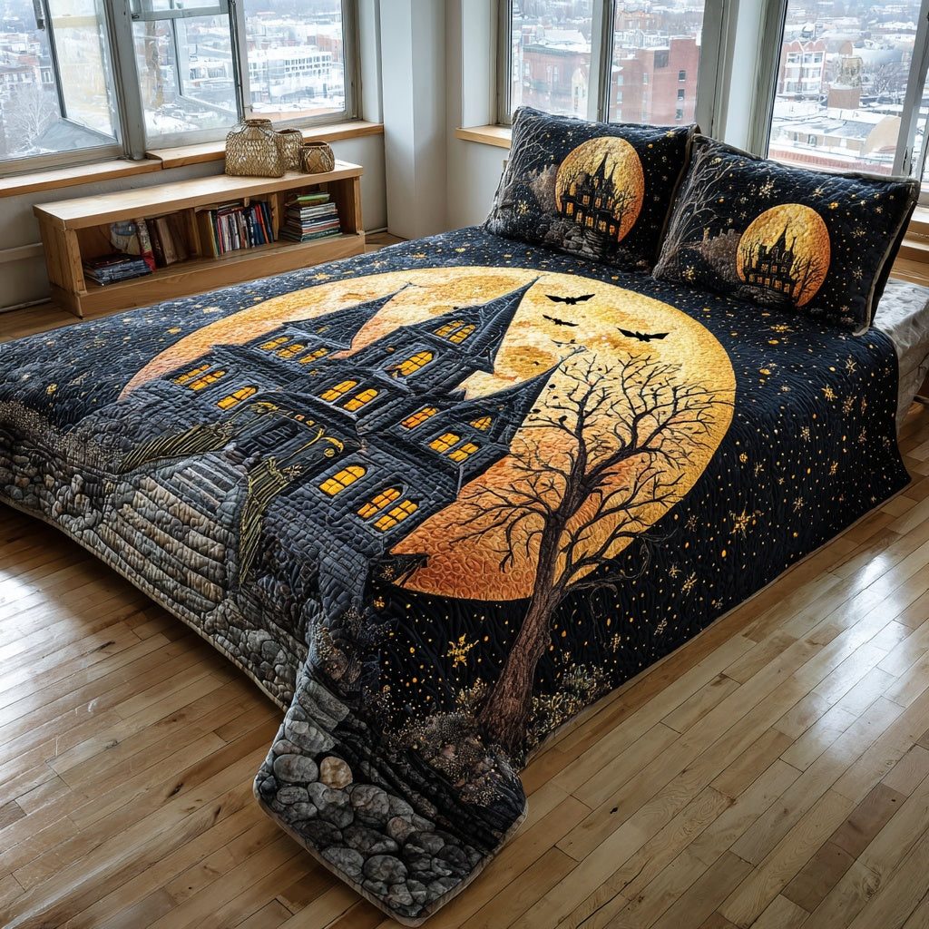Gothic Moonlight Estate quilted 3-piece bedding set on a made bed against a dark styled interior