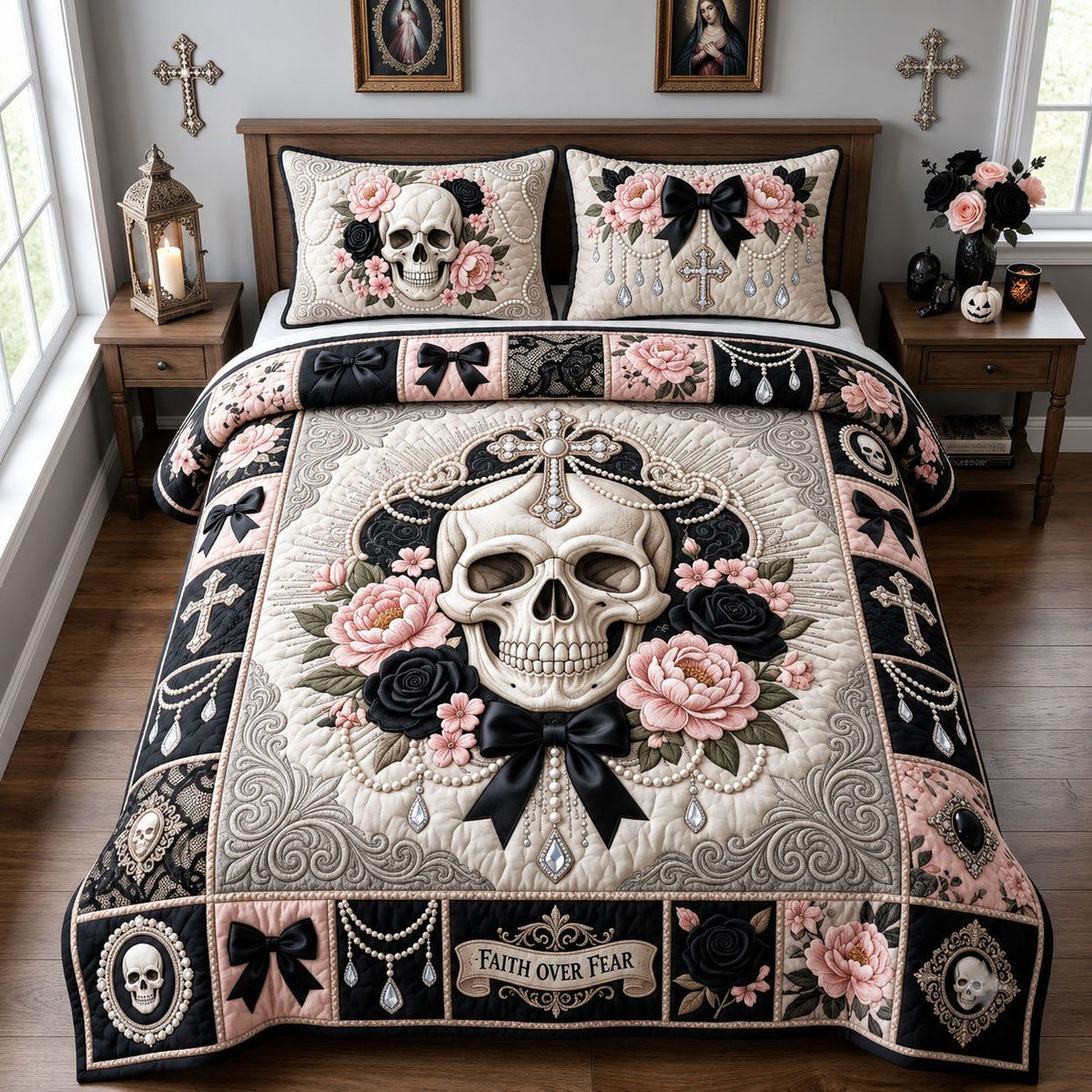 Gothic Pearl Skull quilted 3-piece bedding set on a made bed against a dark styled interior