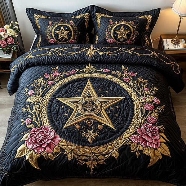 Gothic Pentagram quilted 3-piece bedding set on a made bed against a dark styled interior