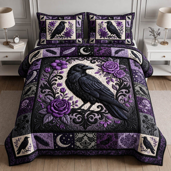 Gothic Raven quilted 3-piece bedding set on a made bed against a dark styled interior