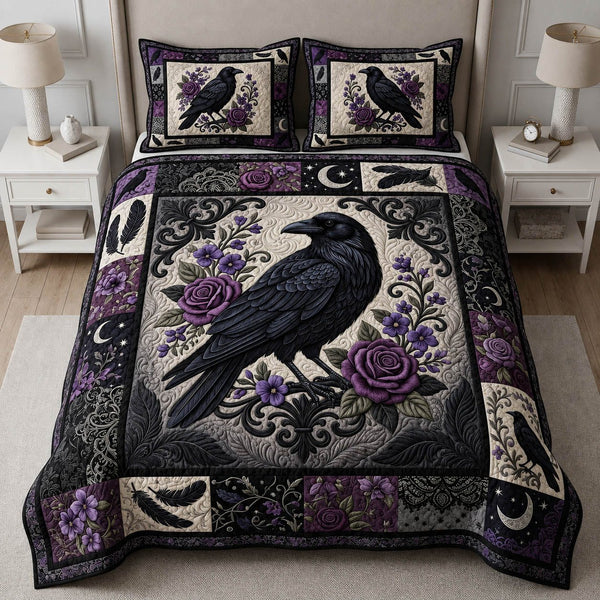 Gothic Raven quilted 3-piece bedding set on a made bed against a dark styled interior