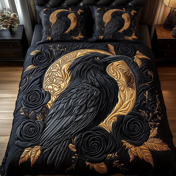 Gothic Raven quilted 3-piece bedding set on a made bed against a dark styled interior