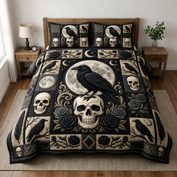 Gothic Raven Skull quilted 3-piece bedding set on a made bed against a dark styled interior