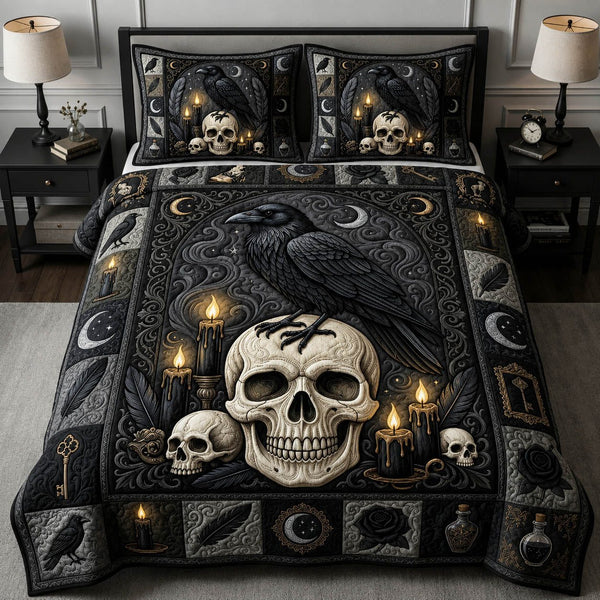 Gothic Raven Skull quilted 3-piece bedding set on a made bed against a dark styled interior