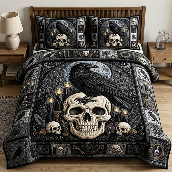 Gothic Raven Skull quilted 3-piece bedding set on a made bed against a dark styled interior