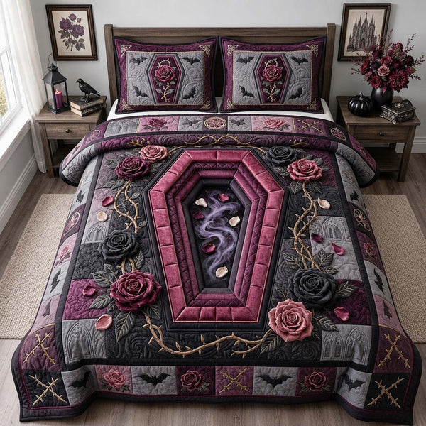 Gothic Rose Coffin quilted 3-piece bedding set on a made bed against a dark styled interior