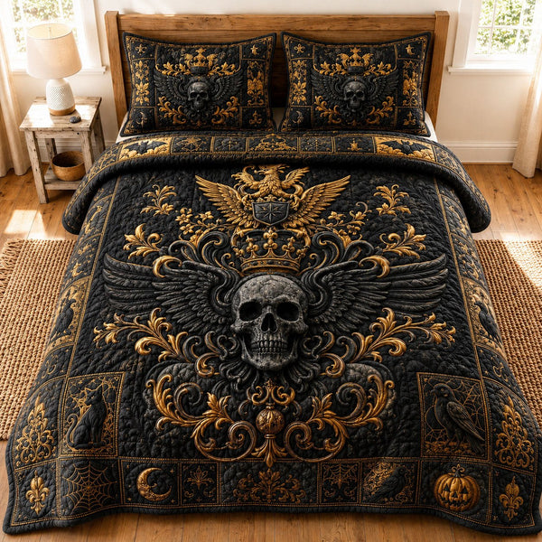 Gothic Royal Winged Skull quilted 3-piece bedding set on a made bed against a dark styled interior
