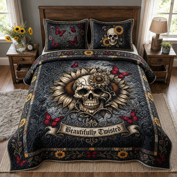 Gothic Skeleton Butterfly quilted 3-piece bedding set on a made bed against a dark styled interior