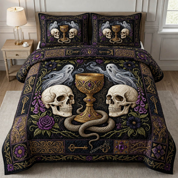 Gothic Skull Chalice quilted 3-piece bedding set on a made bed against a dark styled interior