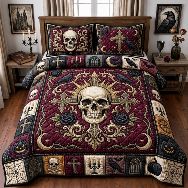 Gothic Skull Cross quilted 3-piece bedding set on a made bed against a dark styled interior