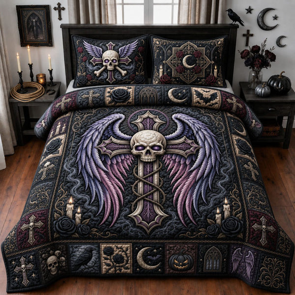 Gothic Skull Cross quilted 3-piece bedding set on a made bed against a dark styled interior
