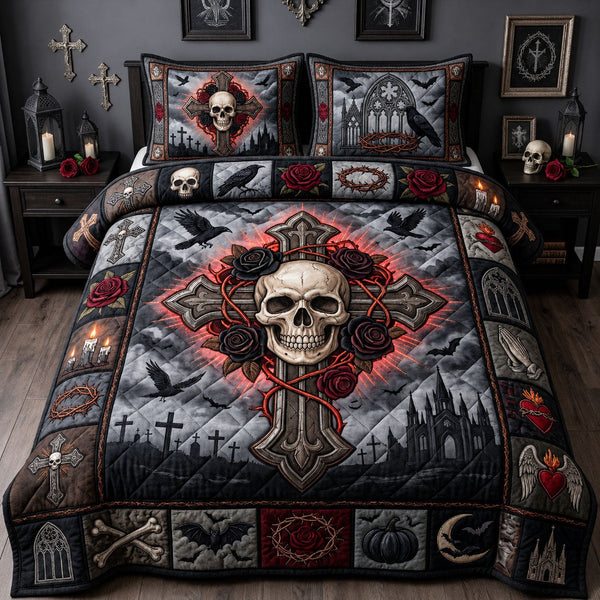 Gothic Skull Cross quilted 3-piece bedding set on a made bed against a dark styled interior