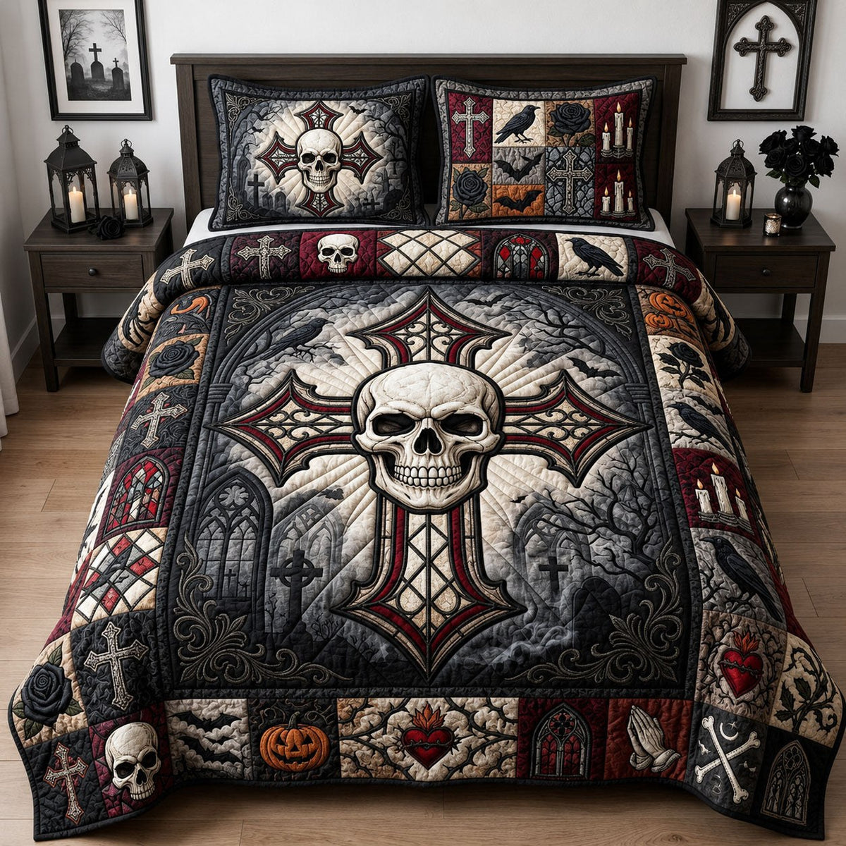 Gothic Skull Cross quilted 3-piece bedding set on a made bed against a dark styled interior