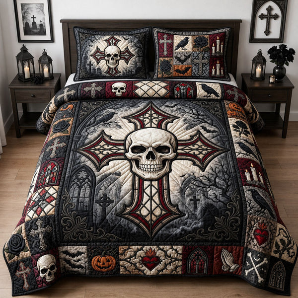 Gothic Skull Cross quilted 3-piece bedding set on a made bed against a dark styled interior