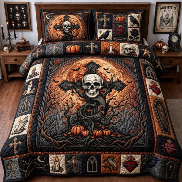 Gothic Skull Cross quilted 3-piece bedding set on a made bed against a dark styled interior