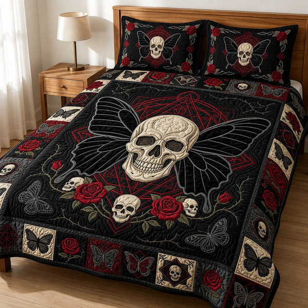 Gothic Skull quilted 3-piece bedding set on a made bed against a dark styled interior