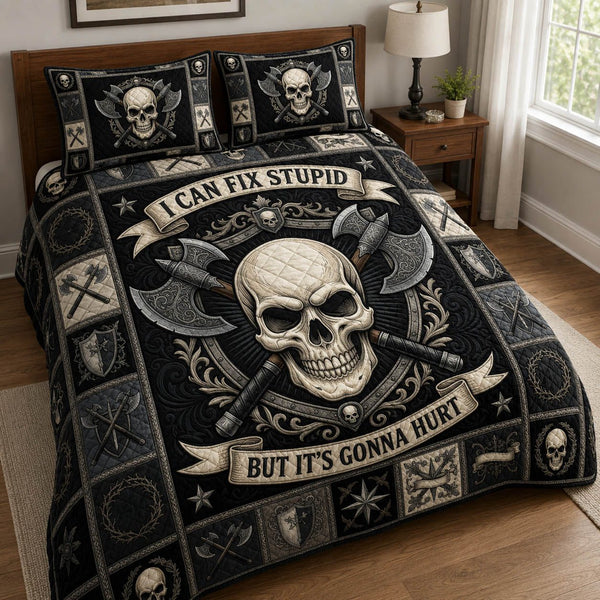 Gothic Skull quilted 3-piece bedding set on a made bed against a dark styled interior