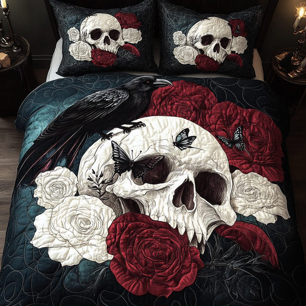 Gothic Skull quilted 3-piece bedding set on a made bed against a dark styled interior