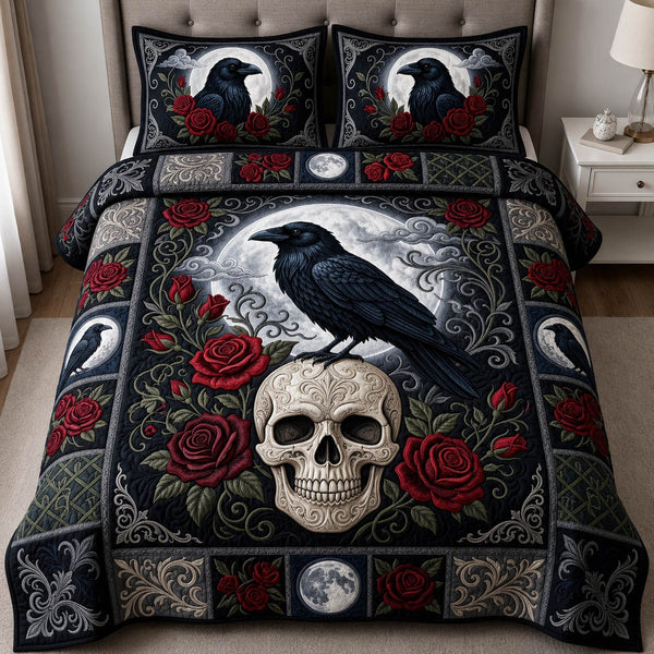 Gothic Skull Raven Rose quilted 3-piece bedding set on a made bed against a dark styled interior
