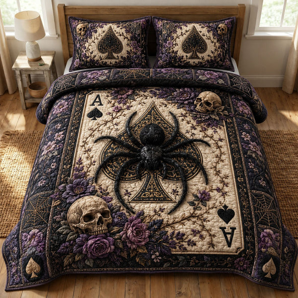 Gothic Spade Widow quilted 3-piece bedding set on a made bed against a dark styled interior
