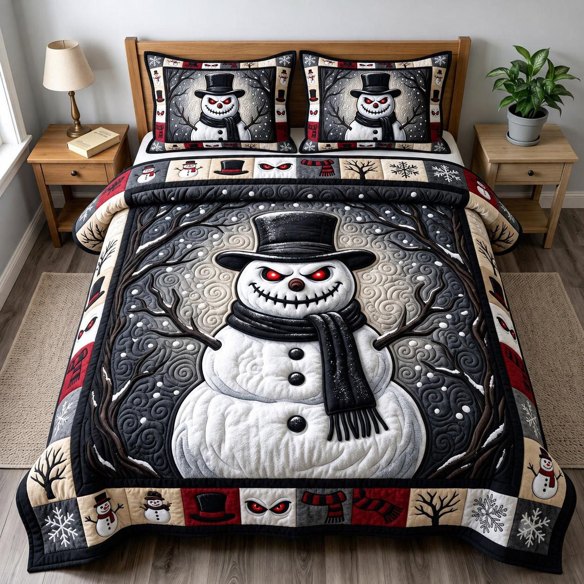 Gothmas Snowman quilted 3-piece bedding set on a made bed in a winter-styled bedroom